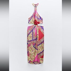 ZARA Patchwork Printed Halter Neck Midi Dress